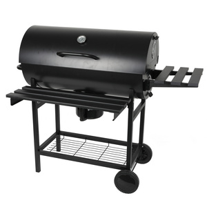 Barbecue Trolley Smoker Black Steel Barrel Bbq Charcoal Outdoor Grill With Wheels And Shelves