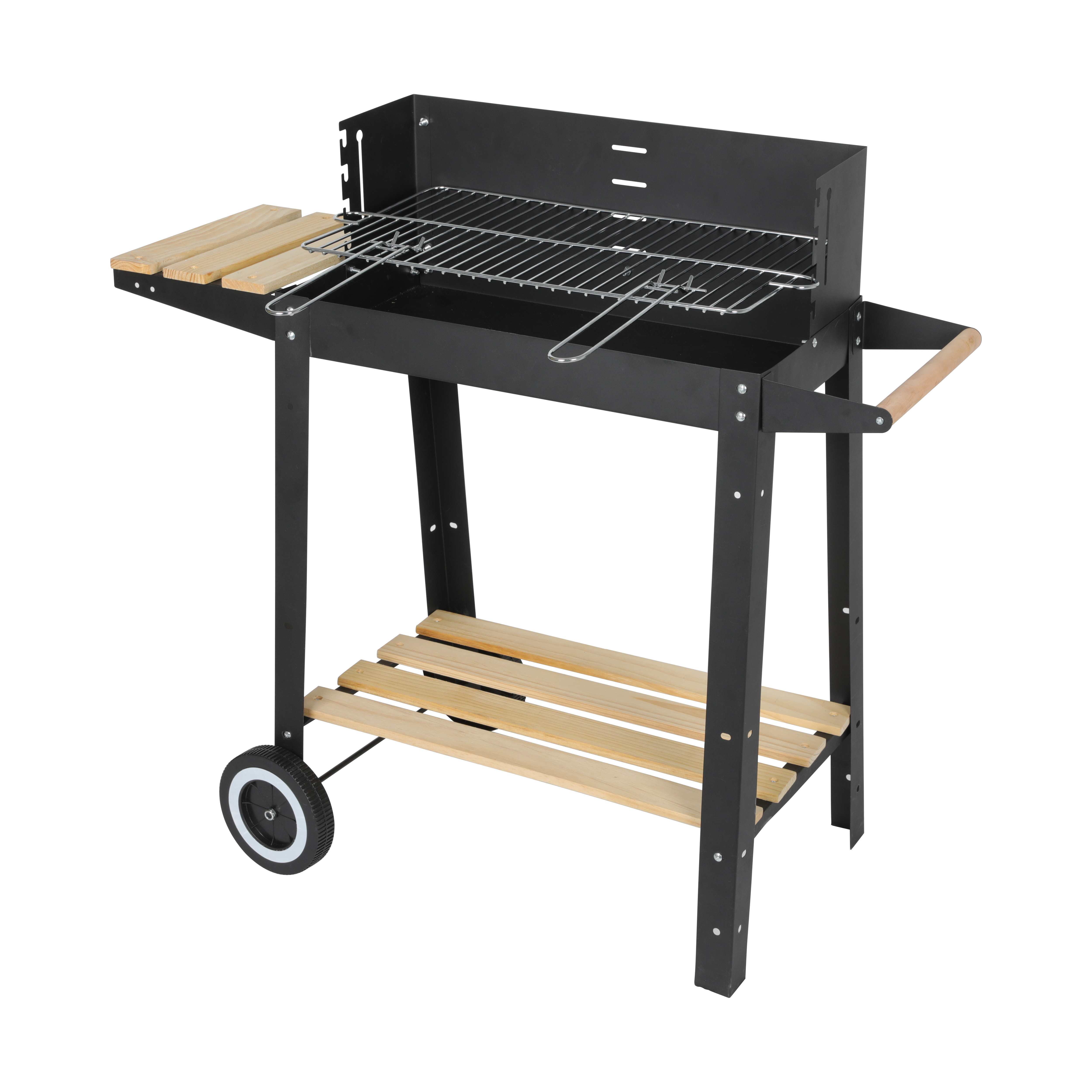 Portable Trolley Rectangular Steel Barbecue Charcoal Camping Grill With Wheels Wooden Shelves