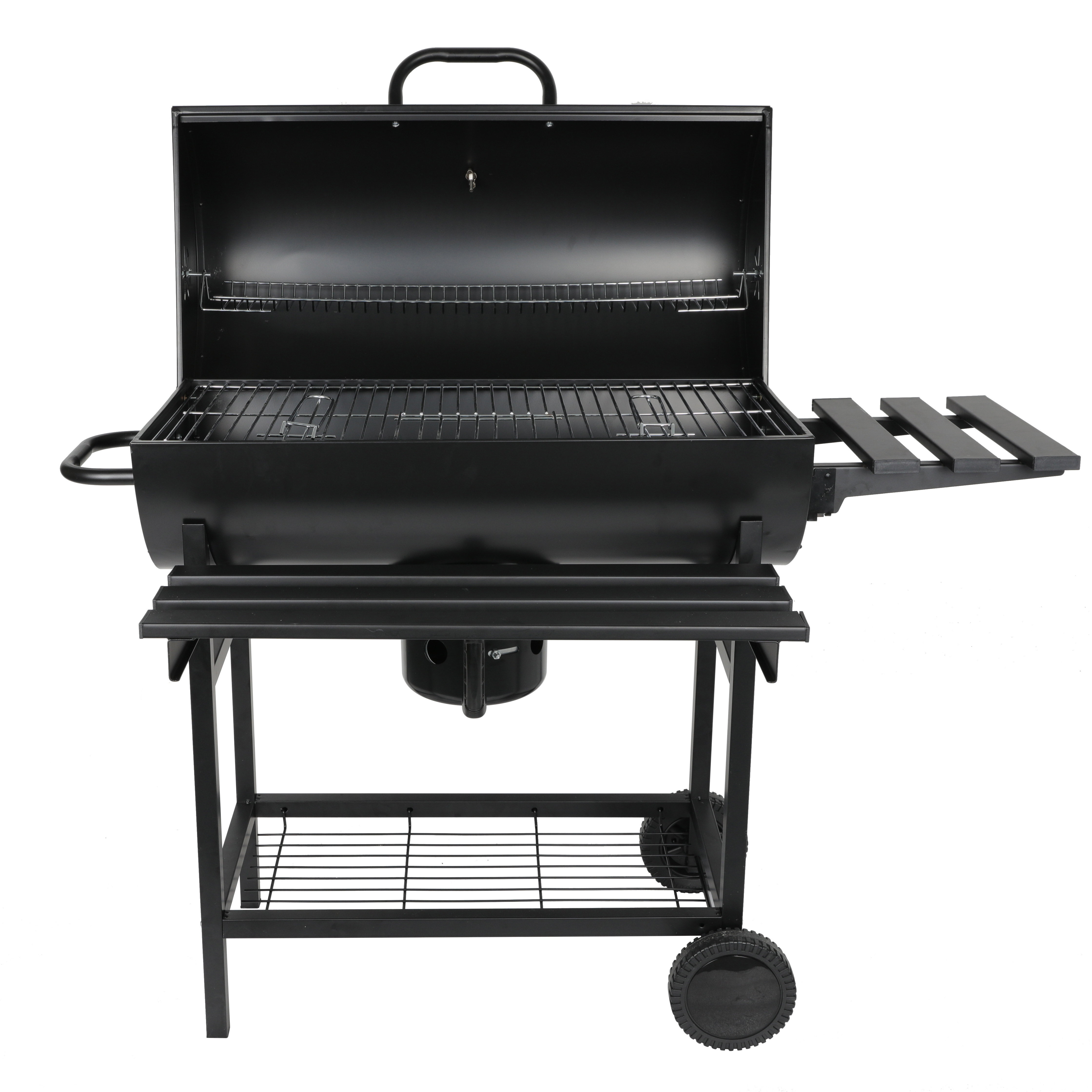 Barbecue Trolley Smoker Black Steel Barrel Bbq Charcoal Outdoor Grill With Wheels And Shelves