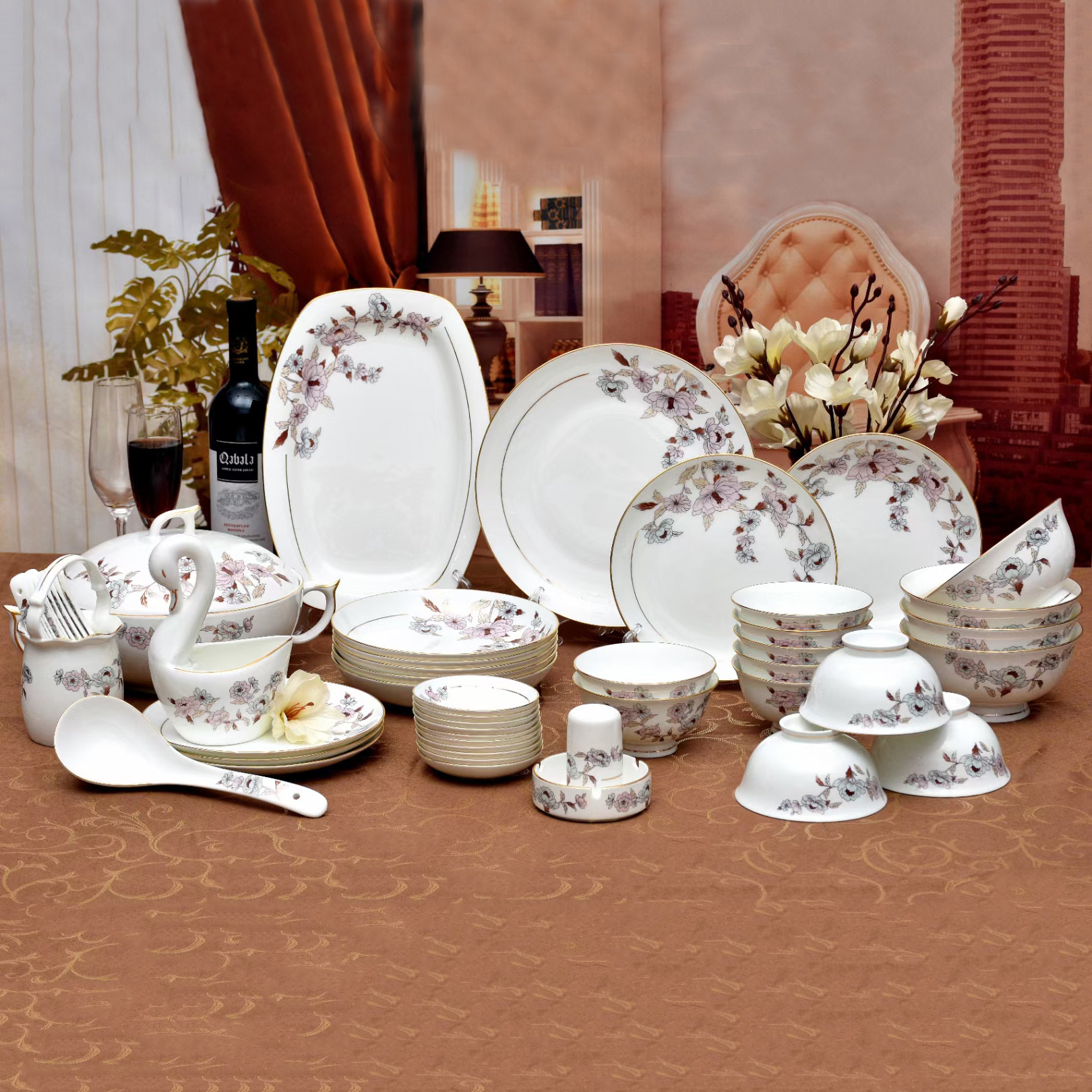 Morden Luxury Kitchen Bone China Dinnerware On-glazed Bone China 52 pcs  Dinner Set Pakistan