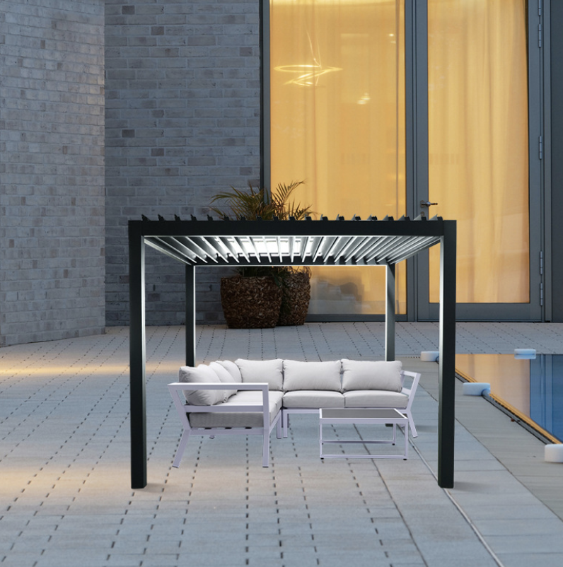 modern simple design Aluminium Pergola with LED Lights Free Standing Motorized Pergo outdoor gazebo