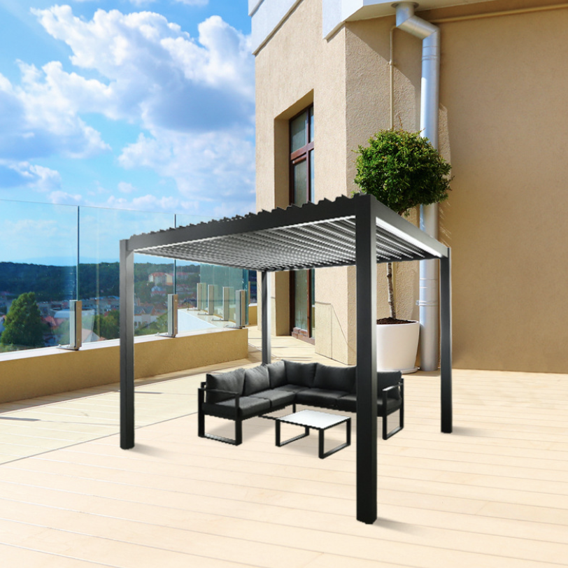 modern simple design Aluminium Pergola with LED Lights Free Standing Motorized Pergo outdoor gazebo