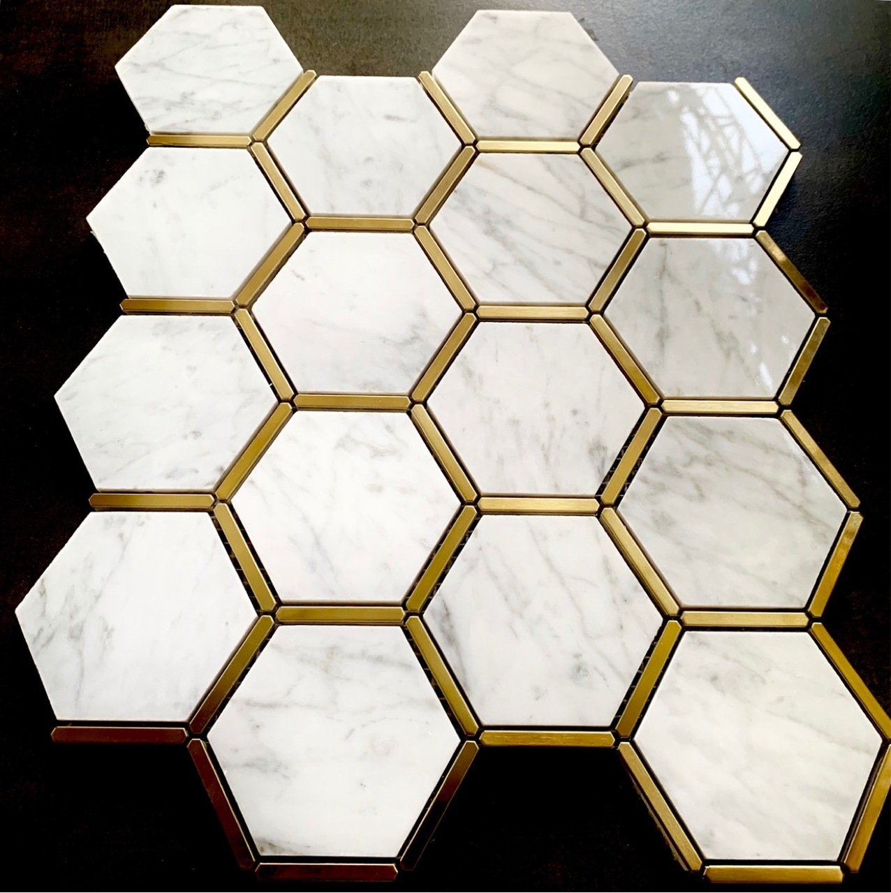 Luxury Gold Metal With Kerala White Marble Hexagon Shape Marble Wall And Floor Decoration Nature Stone Marble Mosaic Tiles