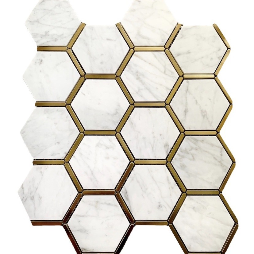 Luxury Gold Metal With Kerala White Marble Hexagon Shape Marble Wall And Floor Decoration Nature Stone Marble Mosaic Tiles