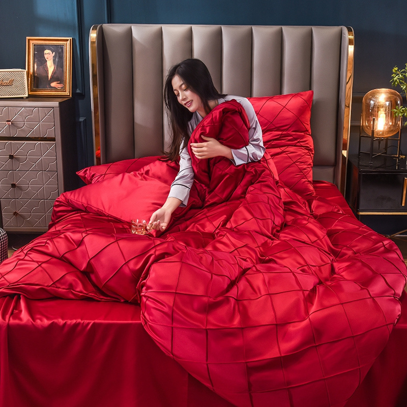 Luxury Hotel Home King Size Comforter Duvet Cover Red Satin Bed linen 4pcs Bedding Set