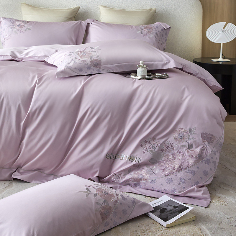 Purple color cotton bedding set 100% Cotton Embroidered Design All-Season  duvet cover set