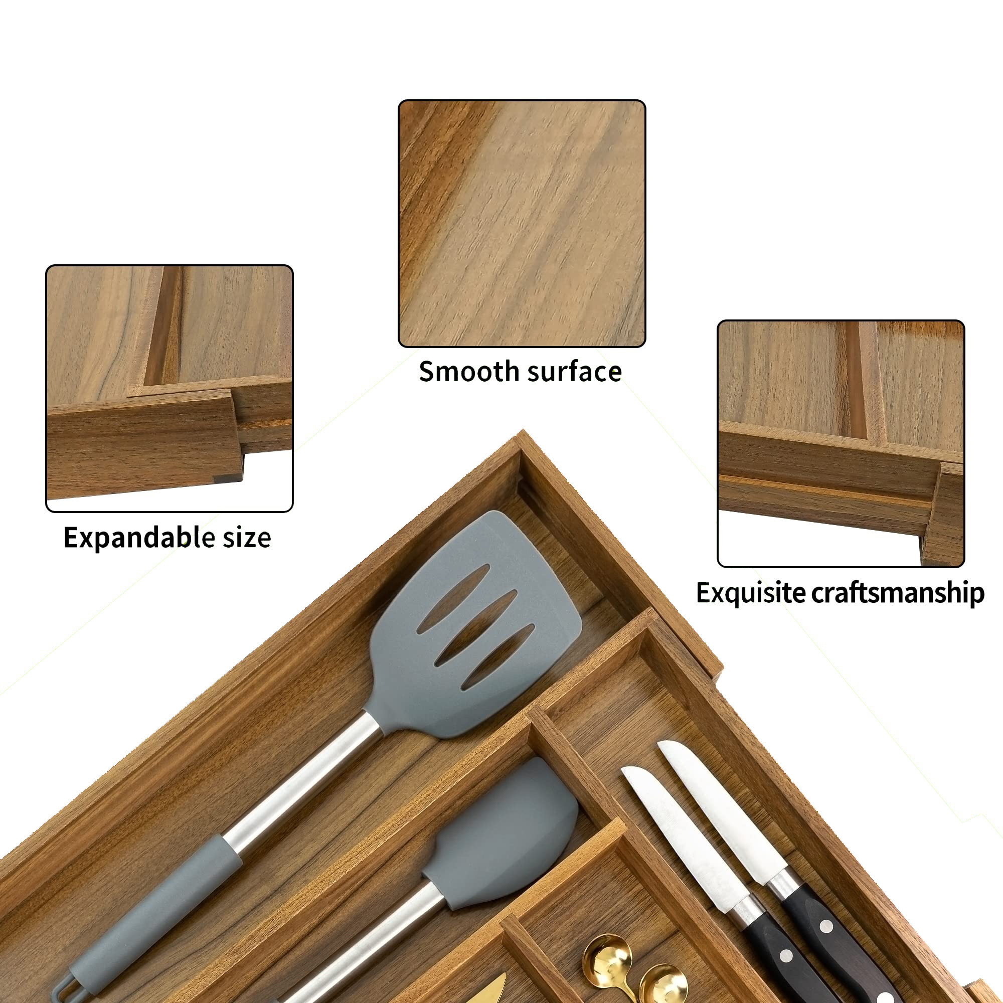 Luxury Acacia Wood Kitchen Utensils Organizer Silverware Organizer Utensil Holder and Cutlery Tray with Grooved Drawer Dividers