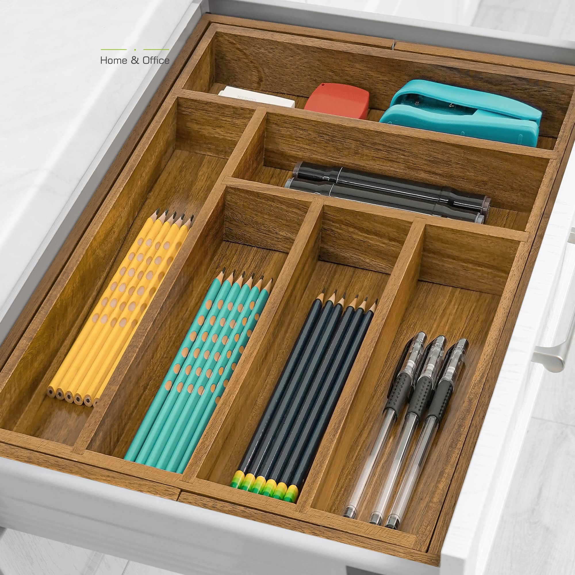 Luxury Acacia Wood Kitchen Utensils Organizer Silverware Organizer Utensil Holder and Cutlery Tray with Grooved Drawer Dividers