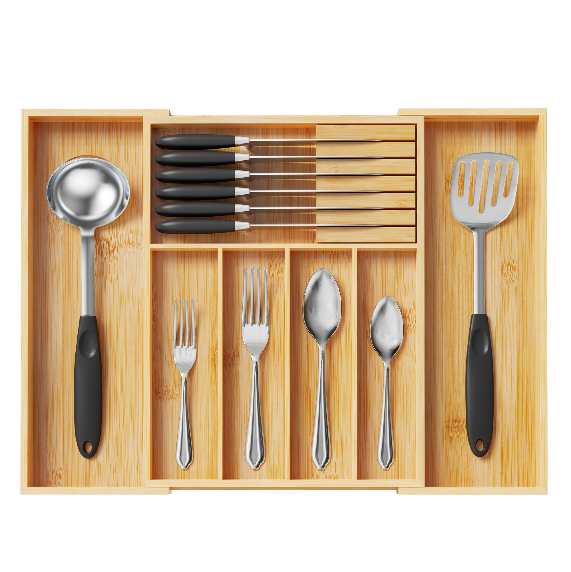 Bamboo Silverware Organizer with  Removable Knife Holder Wooden Cutlery Organizer Kitchen Utensils Organizer