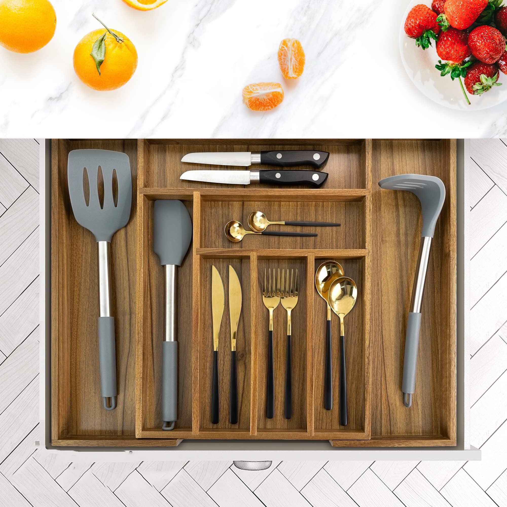 Luxury Acacia Wood Kitchen Utensils Organizer Silverware Organizer Utensil Holder and Cutlery Tray with Grooved Drawer Dividers