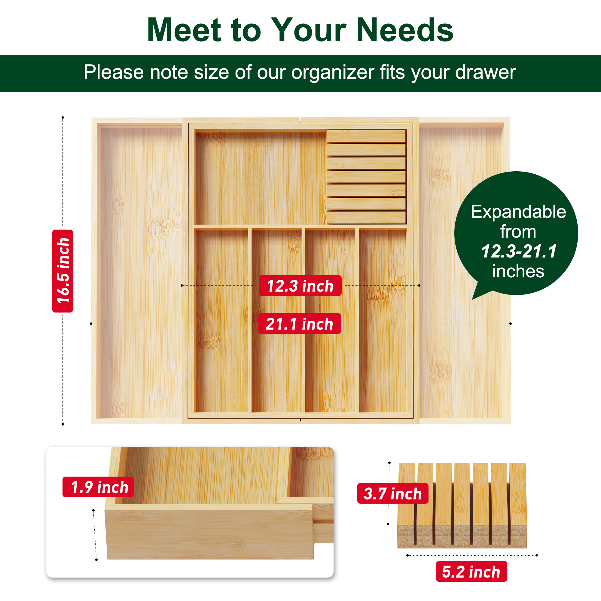 Bamboo Silverware Organizer with  Removable Knife Holder Wooden Cutlery Organizer Kitchen Utensils Organizer