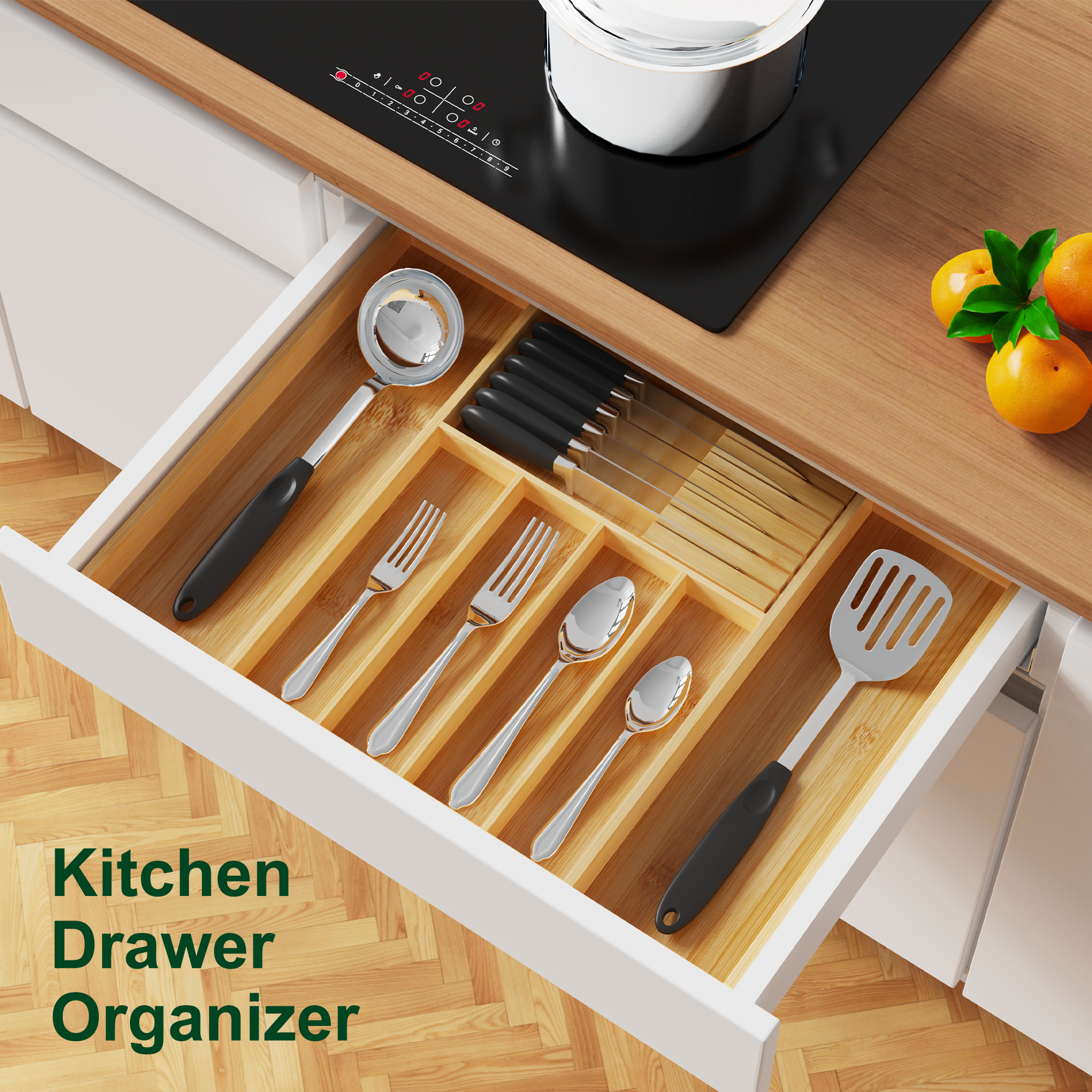 Bamboo Silverware Organizer with  Removable Knife Holder Wooden Cutlery Organizer Kitchen Utensils Organizer