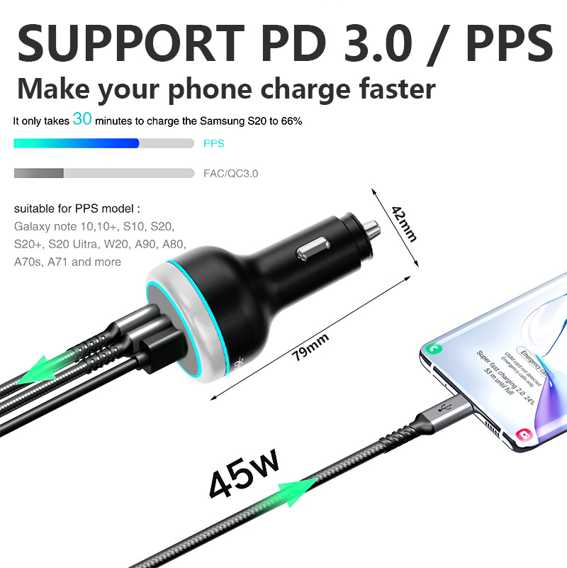 PD140W 230W Fast Car Charging 3ports Dual USB Type C QC 3.0 Car Charger Adapter Cell Phone Mobile Phones Fast Charger in car