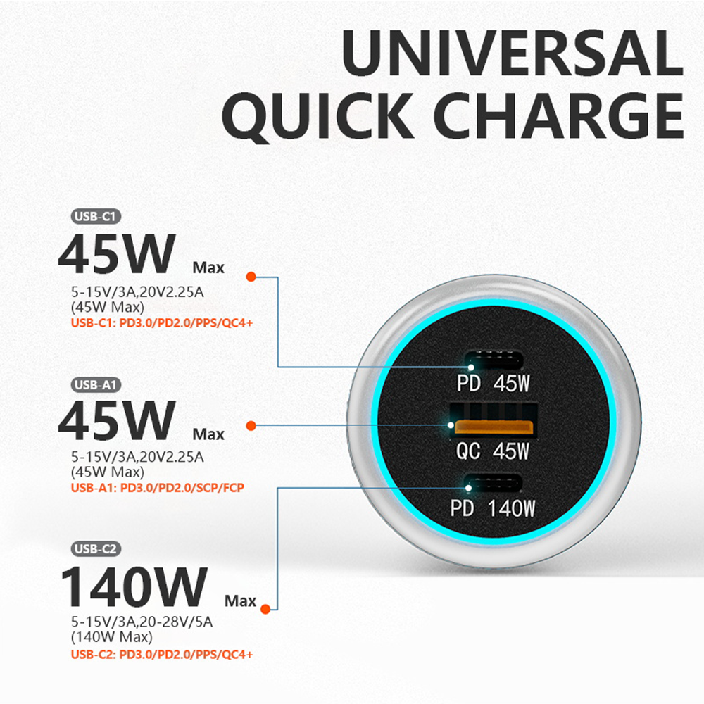 PD140W 230W Fast Car Charging 3ports Dual USB Type C QC 3.0 Car Charger Adapter Cell Phone Mobile Phones Fast Charger in car