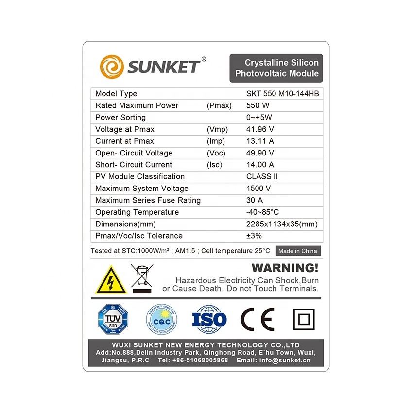 Sunket Jupiter Series 500 watts Solar Panel solar plates 182mm monocrystalline 530W 550W 144cells  photovoltaic panel