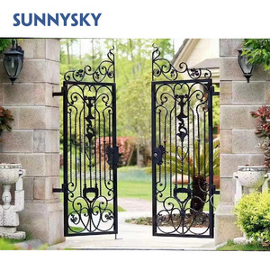 Sunnysky Modern Customize French Front Entry Doors Automatic Remote Control Wrought Iron Gate Swing Graphic Design Painted Villa