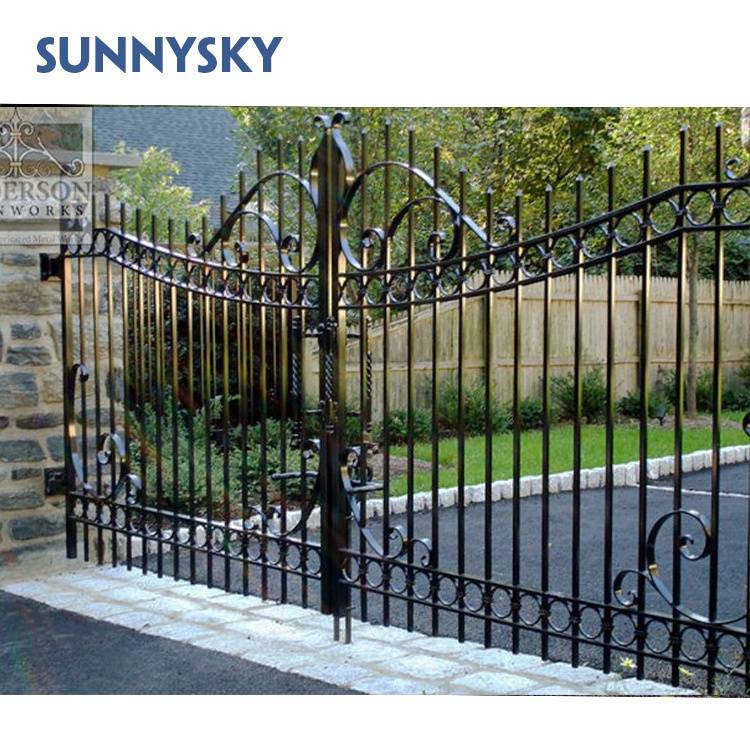 Sunnysky Modern Customize French Front Entry Doors Automatic Remote Control Wrought Iron Gate Swing Graphic Design Painted Villa