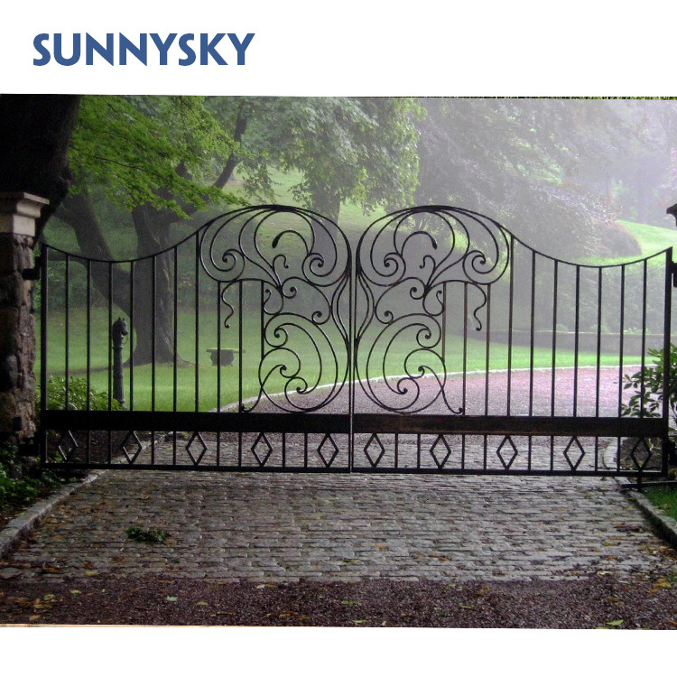 Sunnysky Modern Customize French Front Entry Doors Automatic Remote Control Wrought Iron Gate Swing Graphic Design Painted Villa