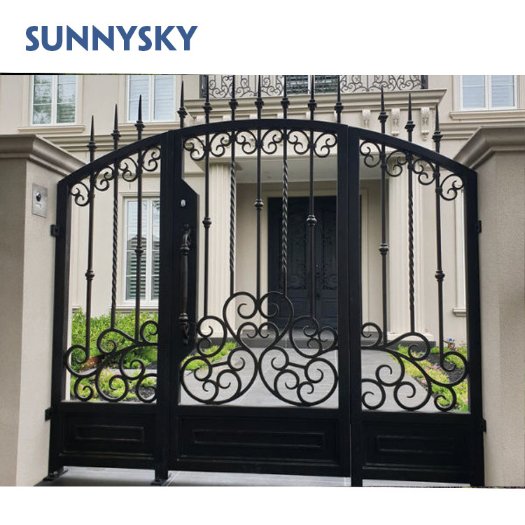 Sunnysky Modern Customize French Front Entry Doors Automatic Remote Control Wrought Iron Gate Swing Graphic Design Painted Villa