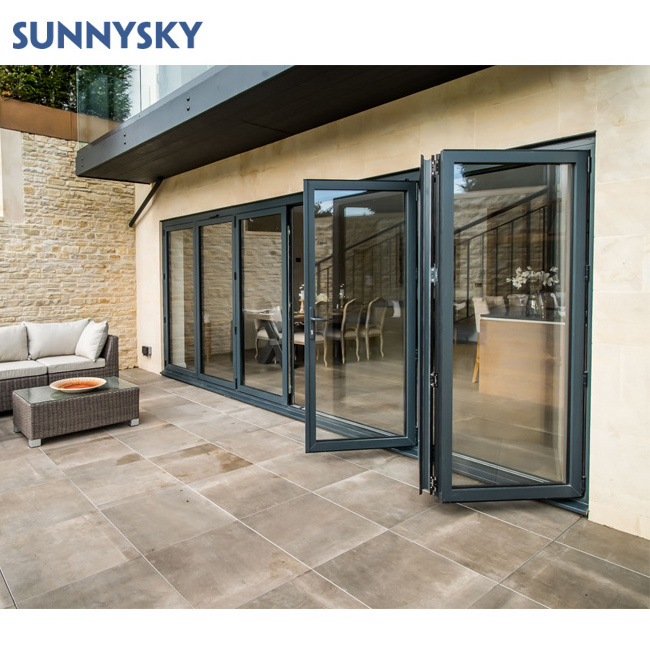 Sunnysky foshan Exterior Folding Doors USA Lowes Glass Aluminum Bi Folding Accordion Bifold Sliding Exterior Door With Locks