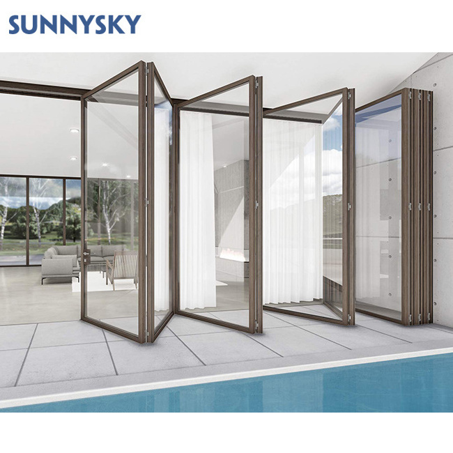 Sunnysky foshan Exterior Folding Doors USA Lowes Glass Aluminum Bi Folding Accordion Bifold Sliding Exterior Door With Locks