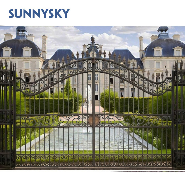 Sunnysky House luxurious steel fence gates design metal wrought iron double swing driveway gates