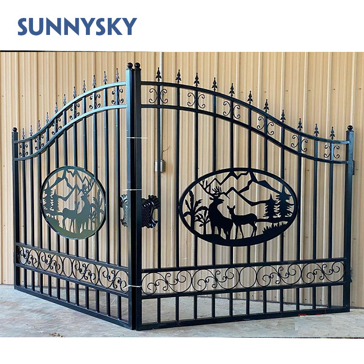 Sunnysky House luxurious steel fence gates design metal wrought iron double swing driveway gates