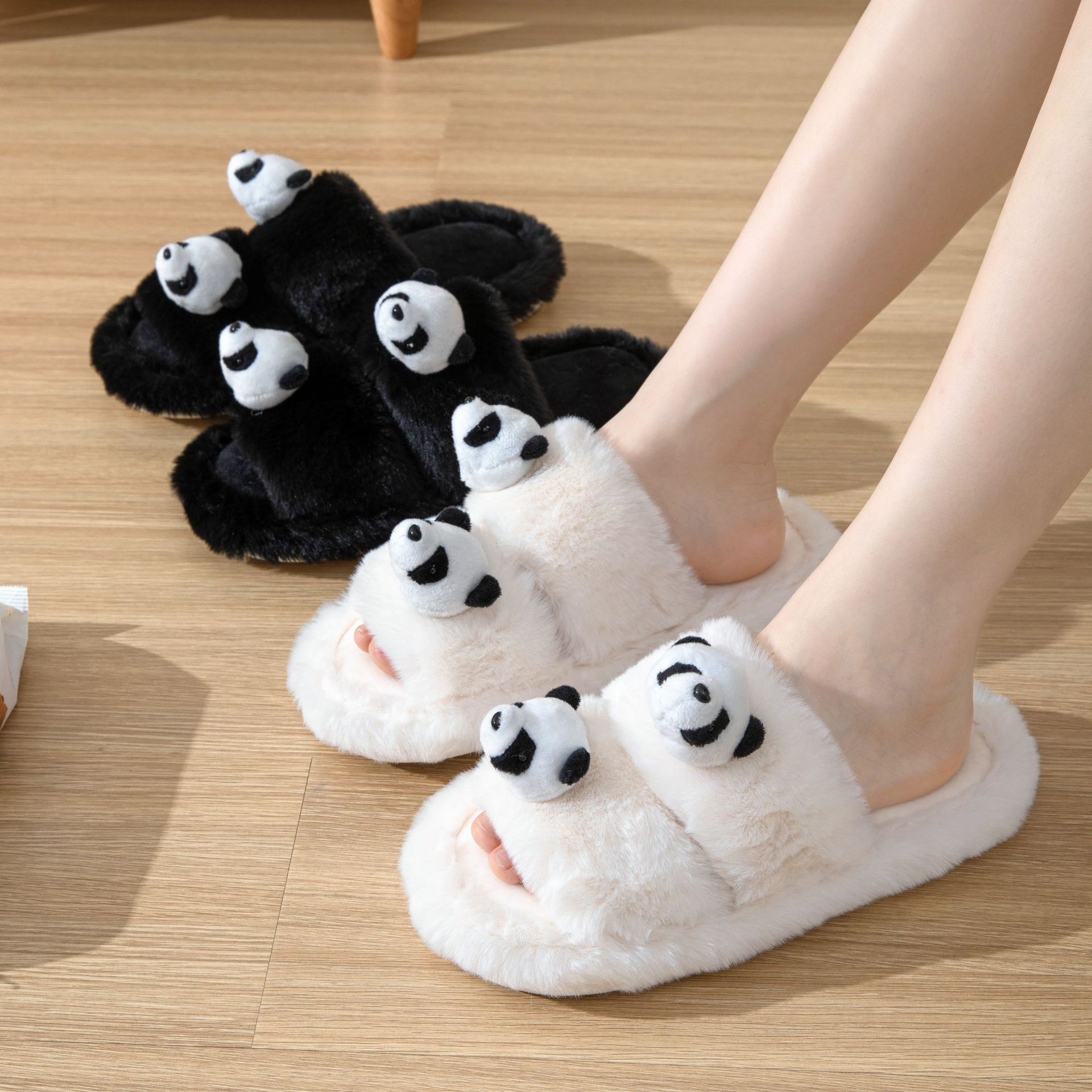 Custom Made Women's Cute Cartoon Panda  Winter Home Slippers Soft Plush Furry  Open Toe  Faux Fur for Lady Plus Size