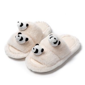 Custom Made Women's Cute Cartoon Panda  Winter Home Slippers Soft Plush Furry  Open Toe  Faux Fur for Lady Plus Size