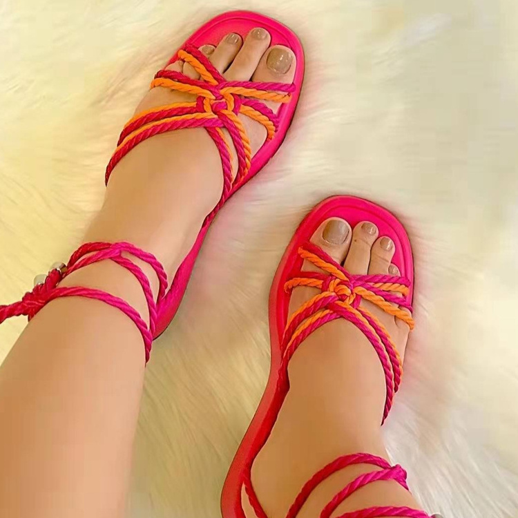 2024 summer women's sandals sexy cross bandage lace up sandals bohemian beach slides slippers platform rope straps larger size