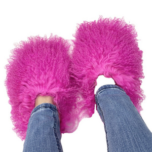 2024 lady new mongolian fur slides hot sale long hair sheep fur slipper brand luxury warm shoes for women