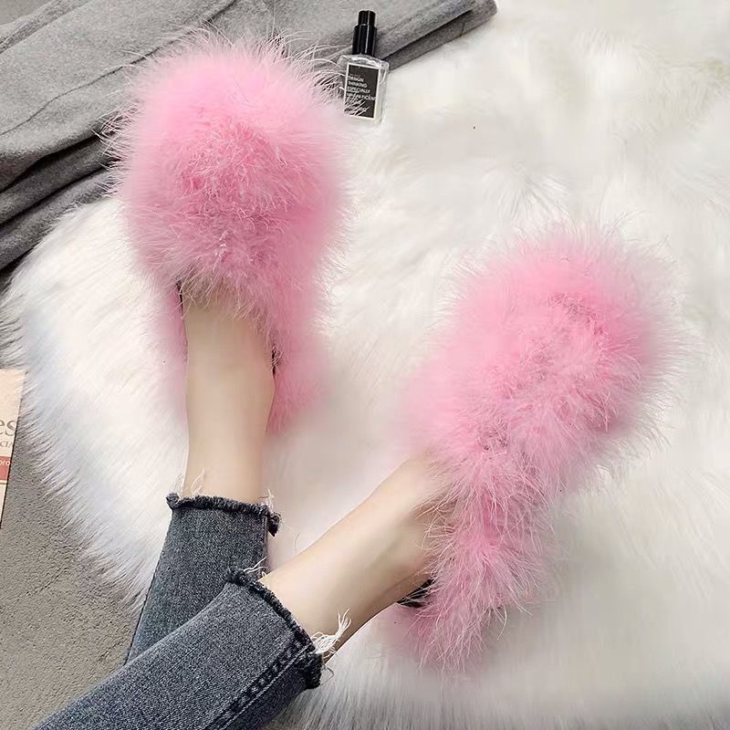 2024 new fashion luxury ostrich feather comfortable indoor hair fur slides slippers furry sandals shoes for women