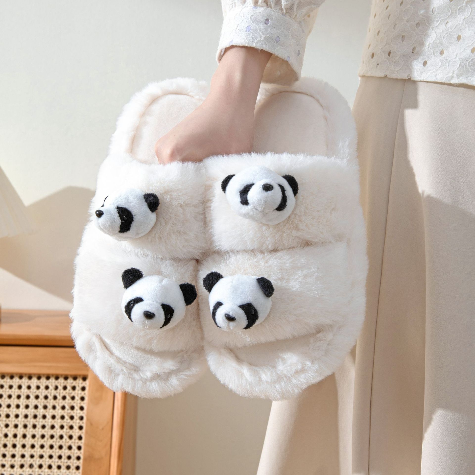 Custom Made Women's Cute Cartoon Panda  Winter Home Slippers Soft Plush Furry  Open Toe  Faux Fur for Lady Plus Size