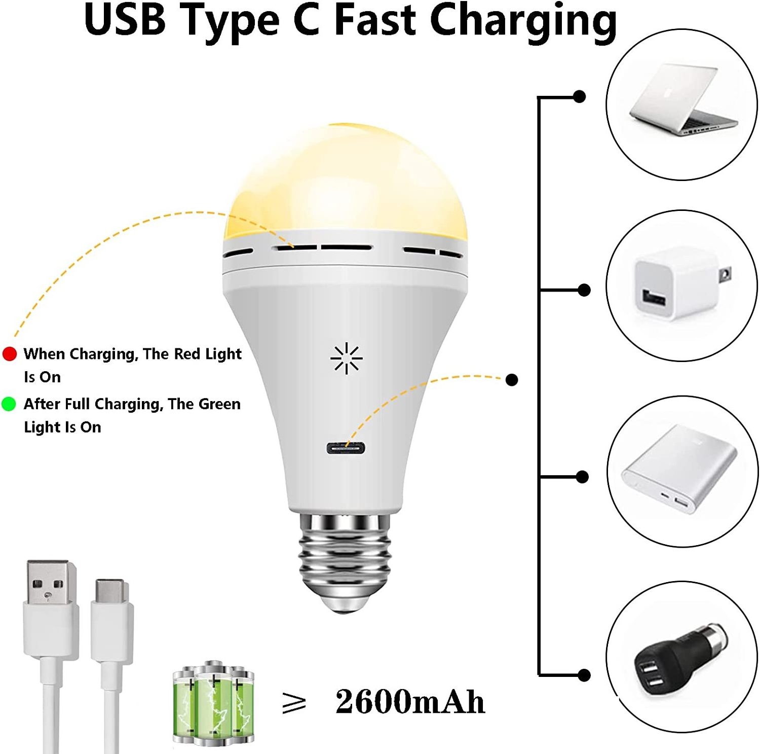 AXR-EM416 1200 Rechargeable Battery Light Bulb  Multifunctional Emergency Lighting Flashlight E27 Hangable Outdoor Camping Lamp