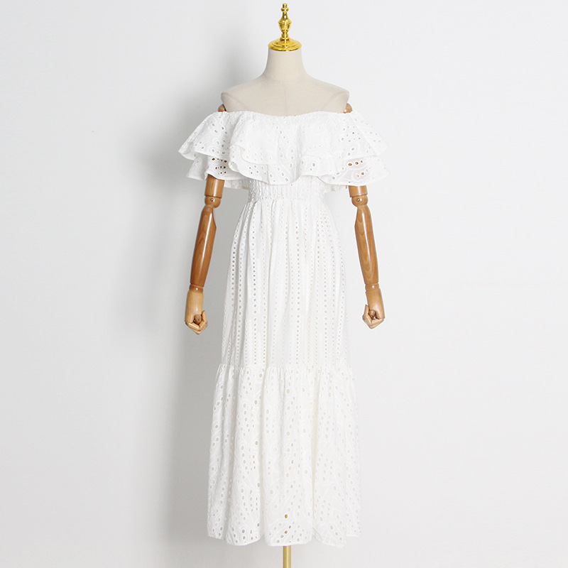 Summer women elegant mexican wholesale Ruffled eyelet embroidered white cotton clothing midi dress