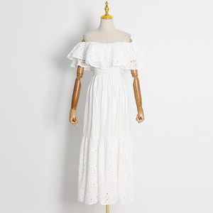 Summer women elegant mexican wholesale Ruffled eyelet embroidered white cotton clothing midi dress