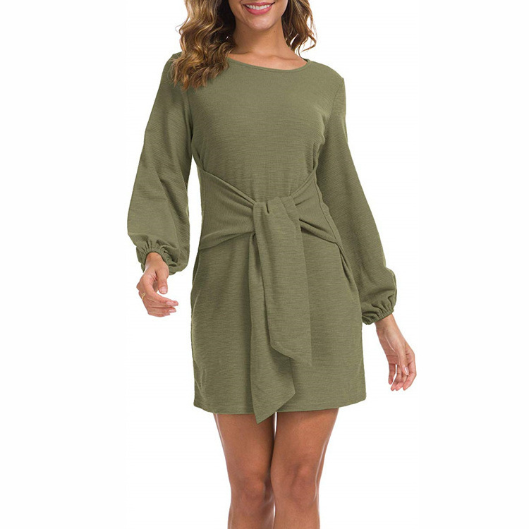 Women's Elegant Long Lantern Sleeve Short Dress Crewneck Tie Waist Knit Cocktail Dress