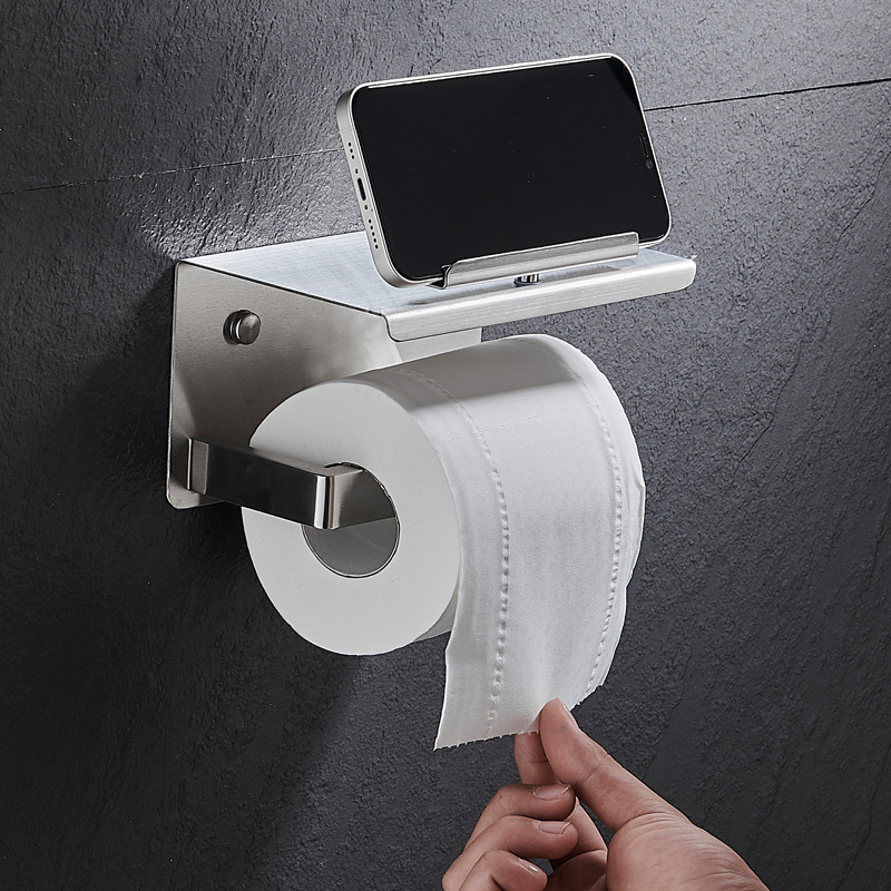 360 Degree rotatable self adhesive toilet paper holder with phone shelf 304 stainless steel toilet paper roll holder