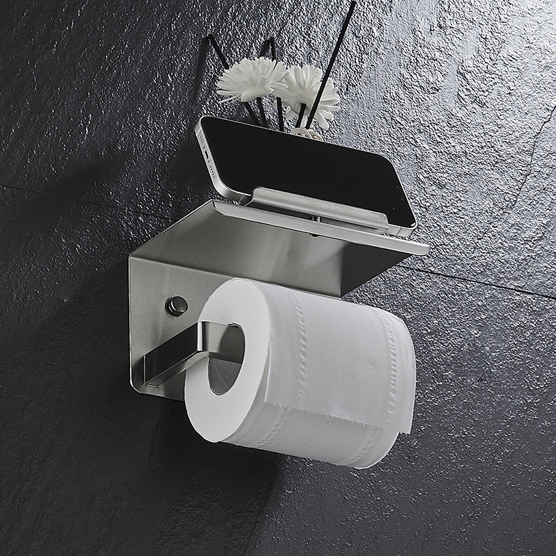 360 Degree rotatable self adhesive toilet paper holder with phone shelf 304 stainless steel toilet paper roll holder