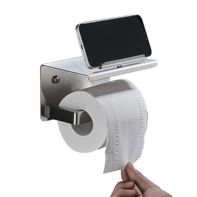 360 Degree rotatable self adhesive toilet paper holder with phone shelf 304 stainless steel toilet paper roll holder