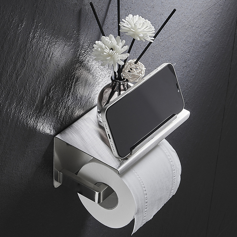 360 Degree rotatable self adhesive toilet paper holder with phone shelf 304 stainless steel toilet paper roll holder