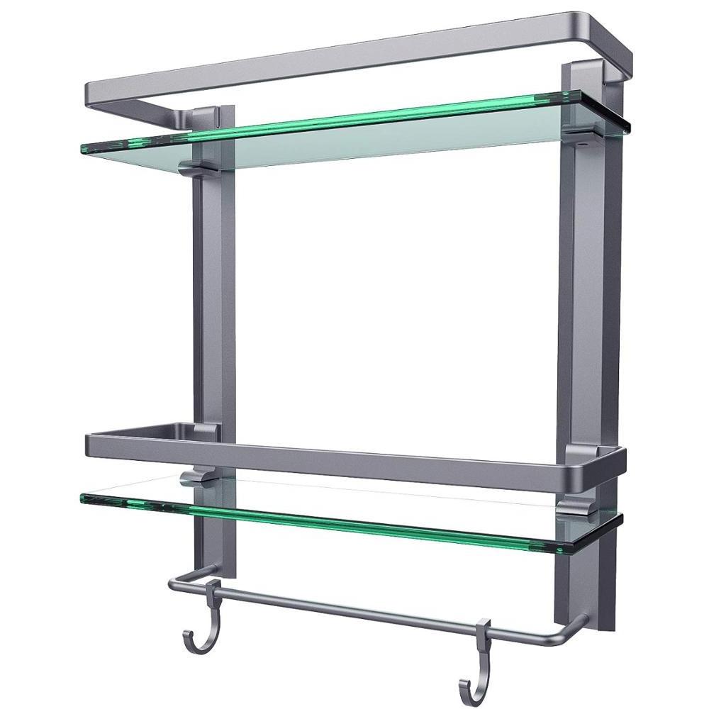 Wall Mounted dual tiers glass shower shelf with towel bar glass bath shelf bathroom shelf