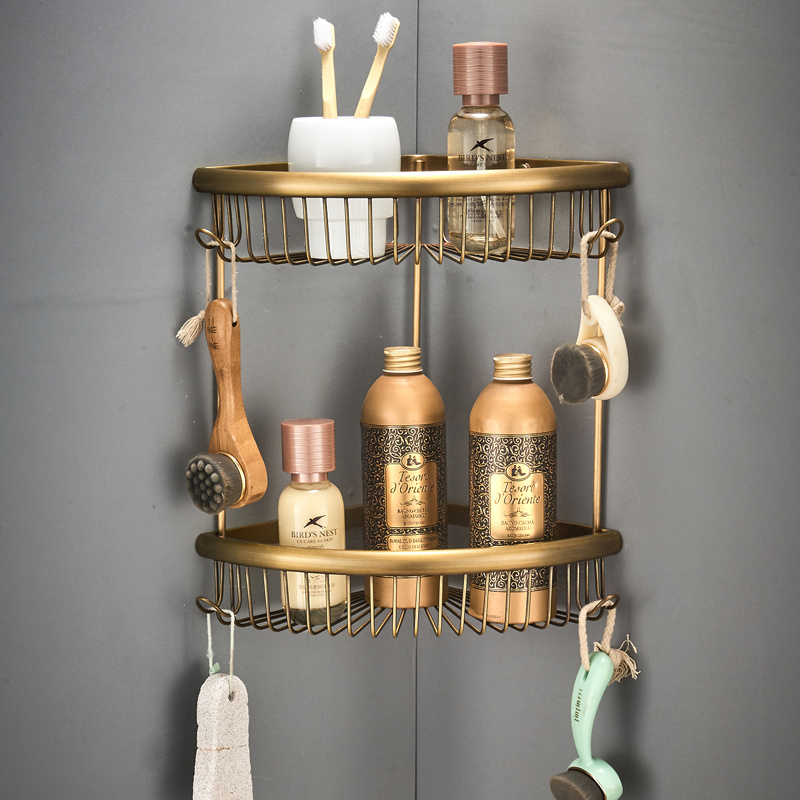 Wall Mount Brass Dual Tiers Shower Shelf Hanging Bathroom Corner Shelf Wire Shower Basket