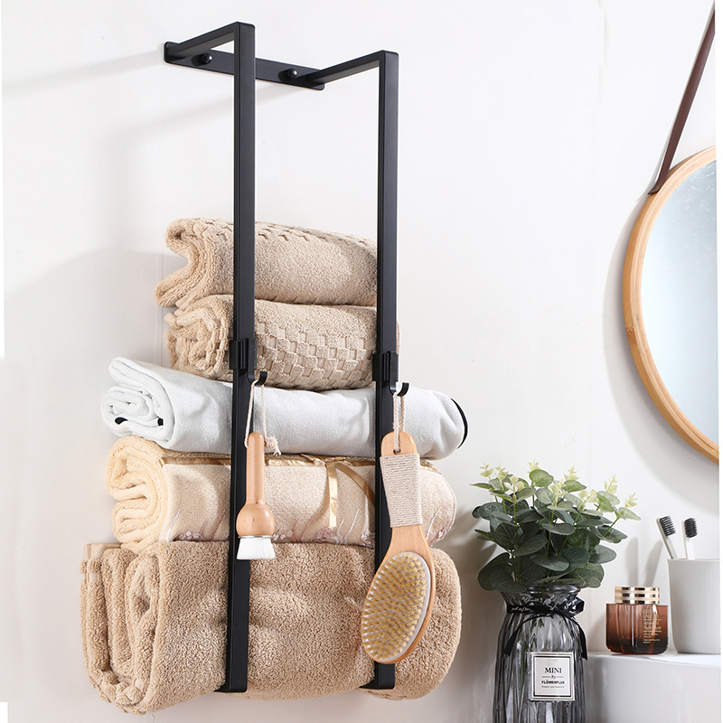 SUNWEX Self Adhesive stainless steel matt black towel rack with hook bathroom towel rack towel shelf Jointed