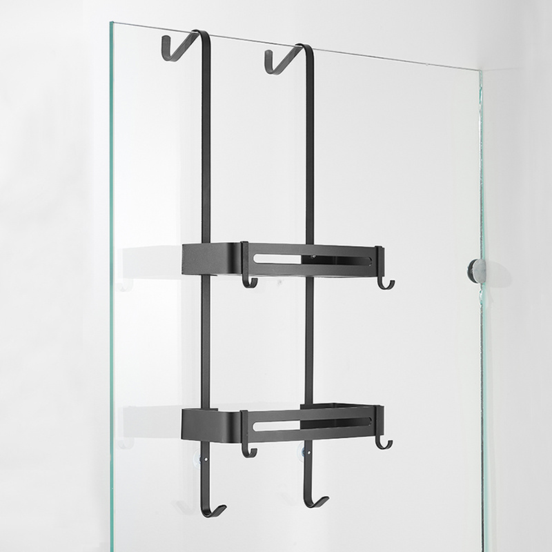 No Drilling Black Double layers Shower Caddy Shelf with Hooks Shower Rack Shower Holder