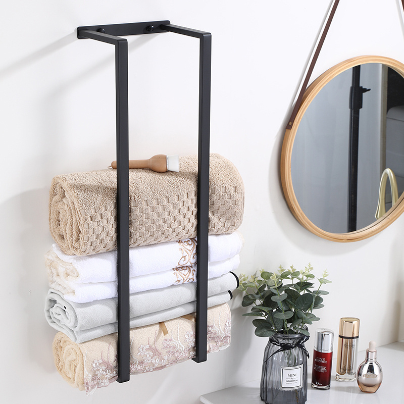 Hot sell wall mounted stainless steel bathroom towel rack self adhesive matt black towel holder towel shelf