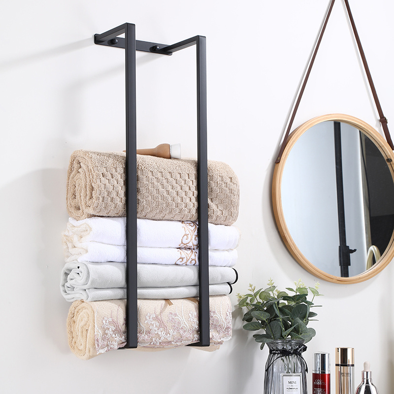 Hot sell wall mounted stainless steel bathroom towel rack self adhesive matt black towel holder towel shelf