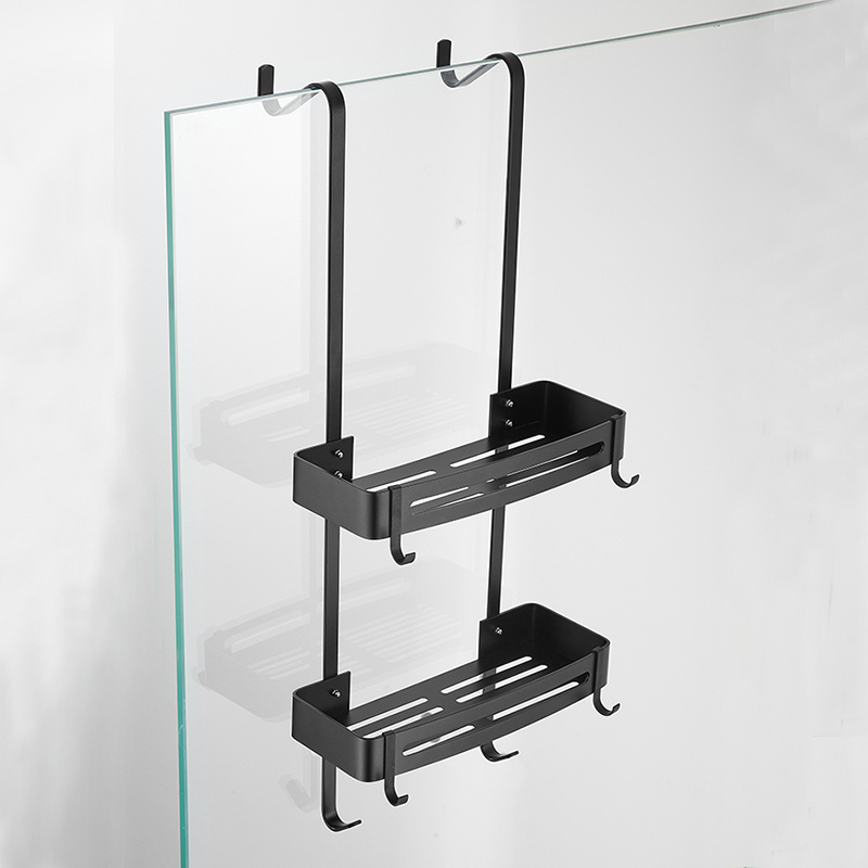 No Drilling Black Double layers Shower Caddy Shelf with Hooks Shower Rack Shower Holder