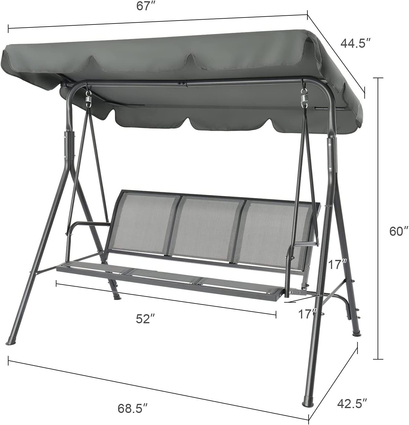 Outdoor Adjustable Canopy Swing 3 Person Grey  Porch Swing with Stand Heavy Duty