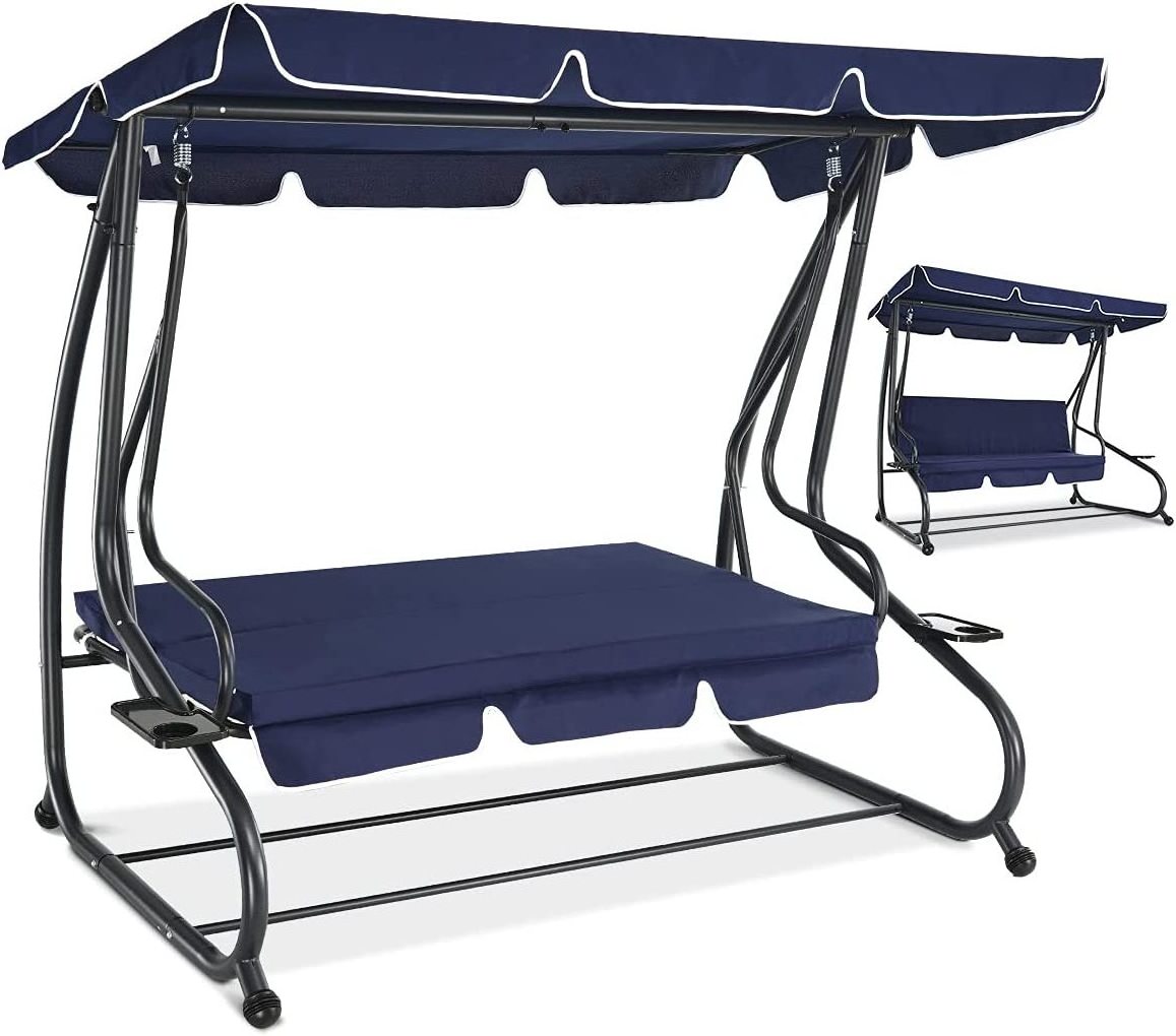 Adjustable Shade Removable Cushions  Bed Canopy Swing, 3-Seat Outdoor Patio Porch Lounge Chair for Backyard